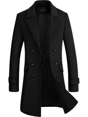 🆕 Men's Black Premium Wool Blend Double Breasted Imported Long Pea Coat